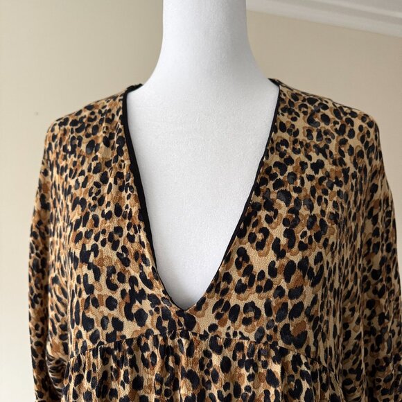 ZARA TRF | Leopard Print Babydoll Empire Waist 3/4 Sleeve Lined Mini Dress XS - Picture 3 of 11